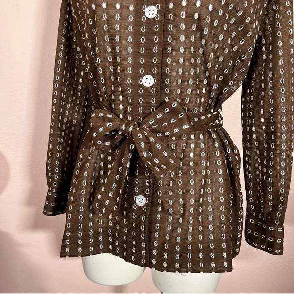 Vintage 1960 70 Dalton MCM Brown lace Tie Waist Belted Button Down shirt Jacket - Picture 16 of 17